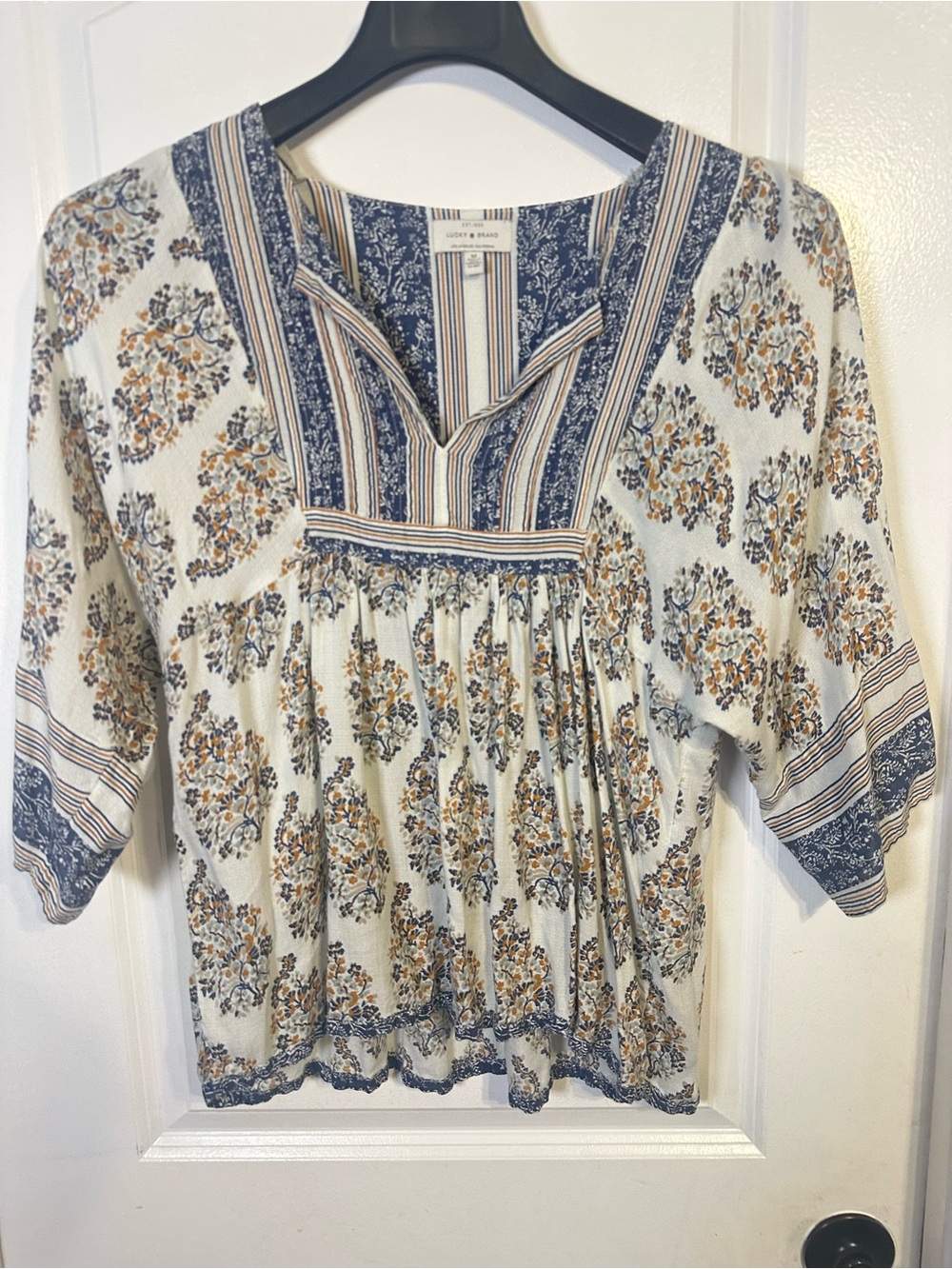Lucky Brand Cream Peasant Tunic with Blue and Tan Floral Print